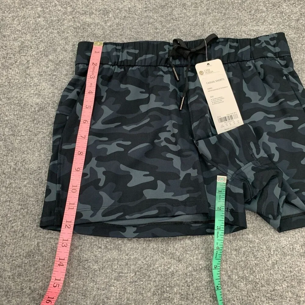 CRZ Yoga Short Womens S Small Black Camo Mid Rise Drawcord Wicking Pockets